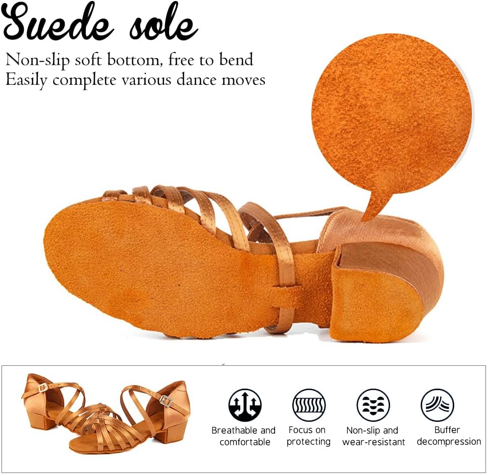 YKXLM Silk Fabric Brown Latin Dance Shoes for Girls Latin Ballroom Dance Shoes Girls with Diamond Buckle,Model US-TL-LP1202-ZSZK, 5.5 M Little Kid
