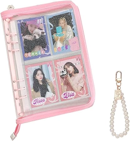 Kpop Photocard Binder Zipper Pink Kpop Binder Photo Album Kpop Photocard Holder Book Sleeves with Pearl Bracelet Keychain, 25Pcs Inner Pages 6 Ring A5 Binder Cards Collection, 200 Cards, Pink