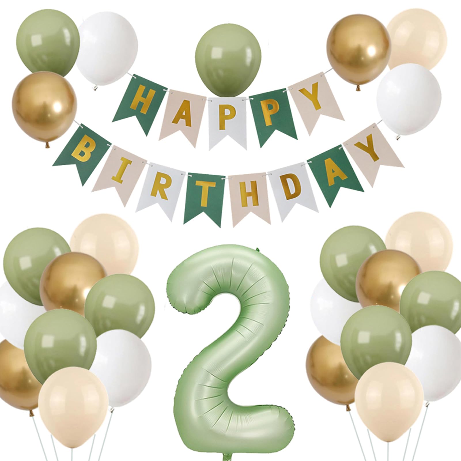 Sage Green 2nd Birthday Decorations for Boy,First Birthday Balloon Garland Kit with Happy Birthday Banner,Olive Cream Metallic Gold Number 2 Balloon,2 Year Old Boy Birthday Party Decorations