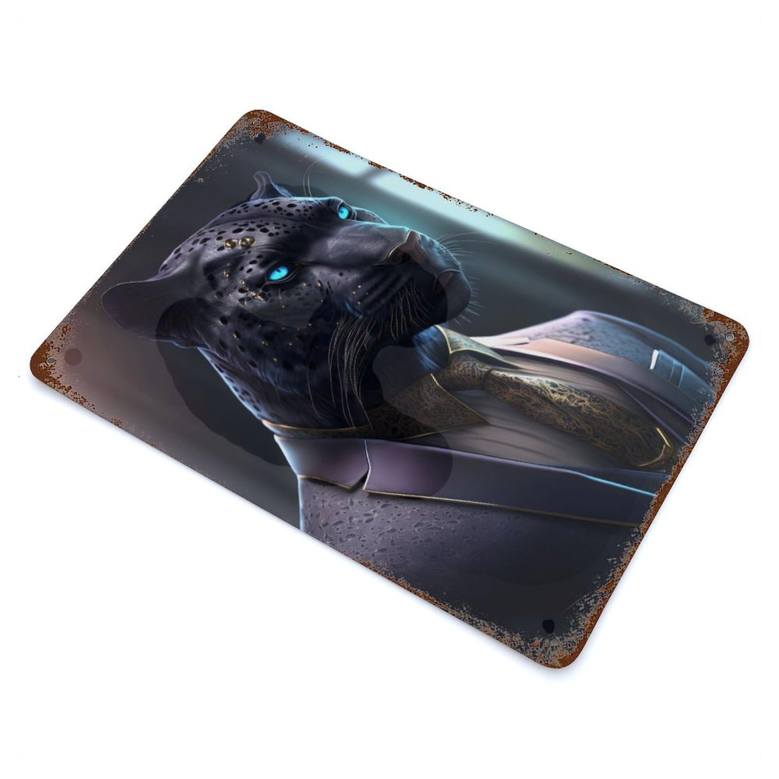 Black Panther in Suit 11.8"x7.9" Aged Metal Wall Plaque, Novelty Wall Decor for Shed, Workshop And Garage Wall Decor