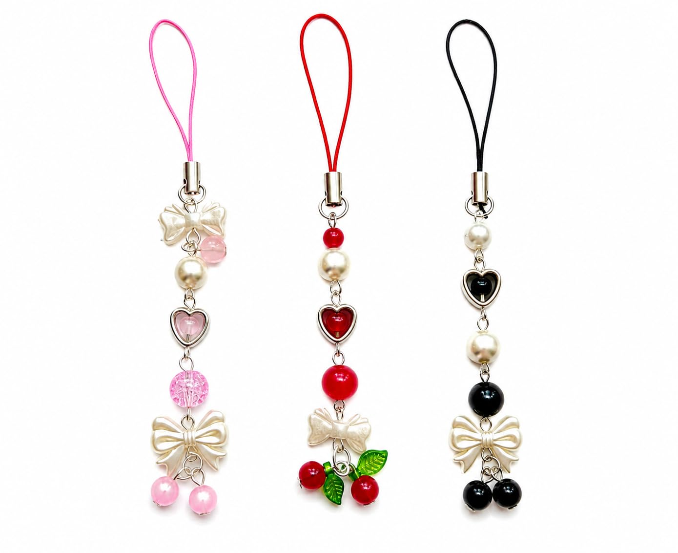aesthetic y2k phone charm combo pack of 3 | cute handmade pearl ribbon bow & heart mobile strap set for girls (pink, red, black) by loopitshop