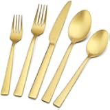 40-Piece Matte Gold Silverware Set, E-far Stainless Steel Flatware Set Service for 8, Metal Cutlery Eating Utensils Tableware Includes Forks/Spoons/Knives, Square Edge