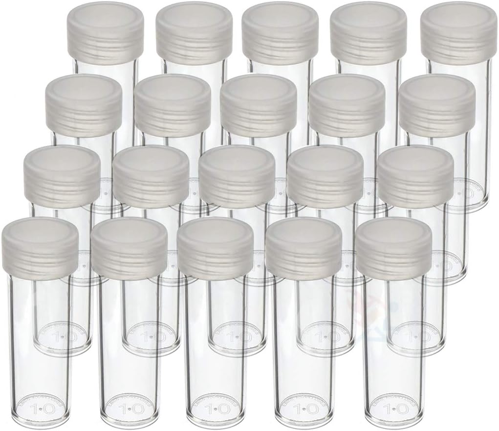 (20) Edgar Marcus Brand Round Clear Plastic (Dime) Size Coin Storage Tube Holders with Screw on Lid