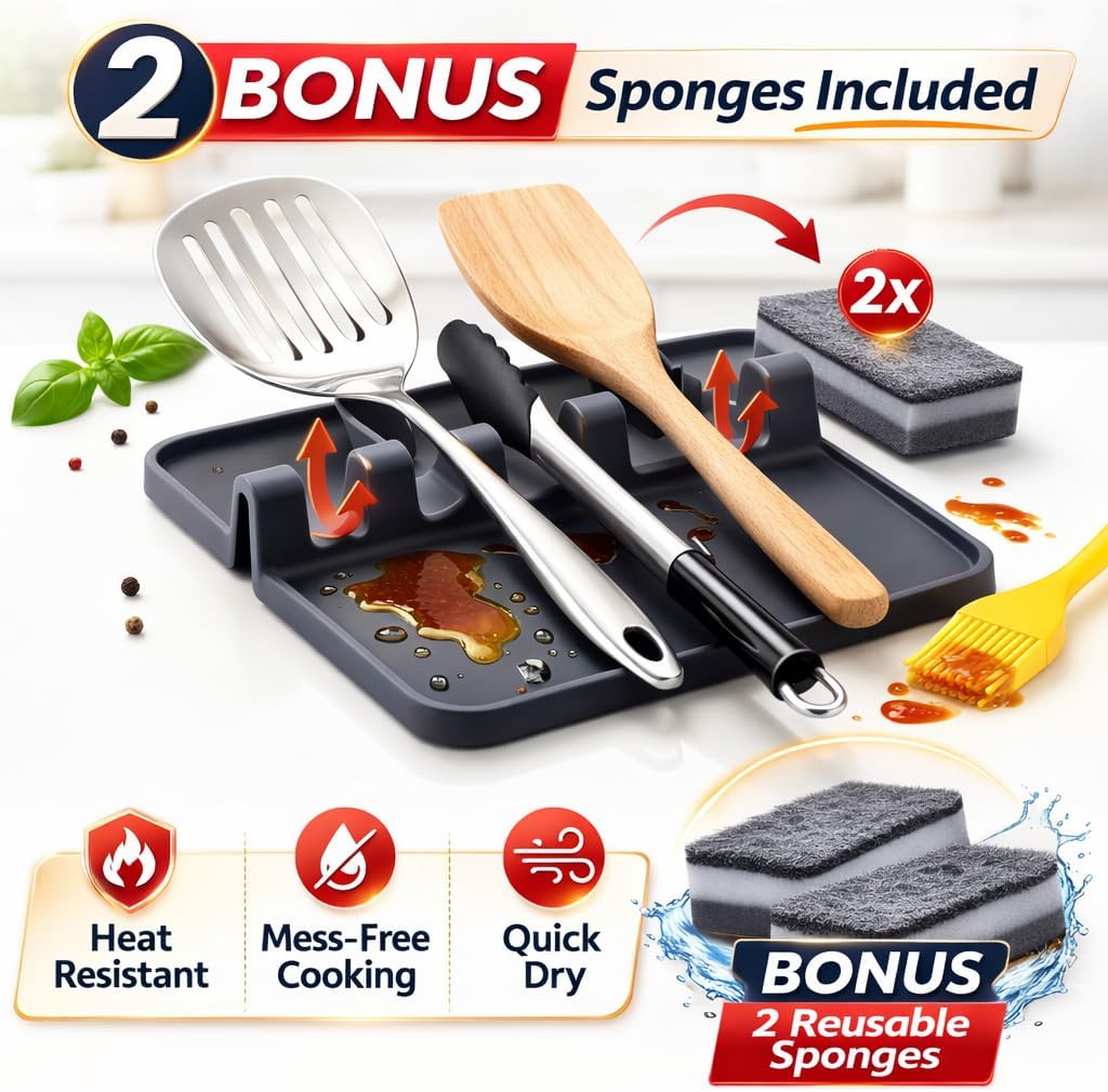 Spoon Rest for Stove Top, Silicone Spoon Holder for Kitchen Counter, Heat Resistant Drip Pad, BPA Free, Non-Slip, 4 Slots, Includes 2 Bonus Sponges (Black)
