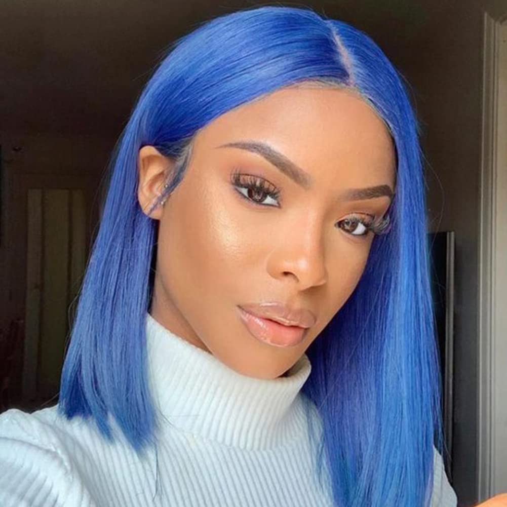 Amazon.com : Anlimer Pre Plucked Bob Wigs Blue 180% Density  display picture 3