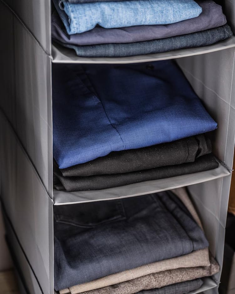 Hanging Closet Organizer – 6-Shelf Hanging Storage Shelves, Space-Saving Fabric Closet Organizer for Clothes, Shoes & Accessories, Grey 13 ¾x17 ¾x49 ¼