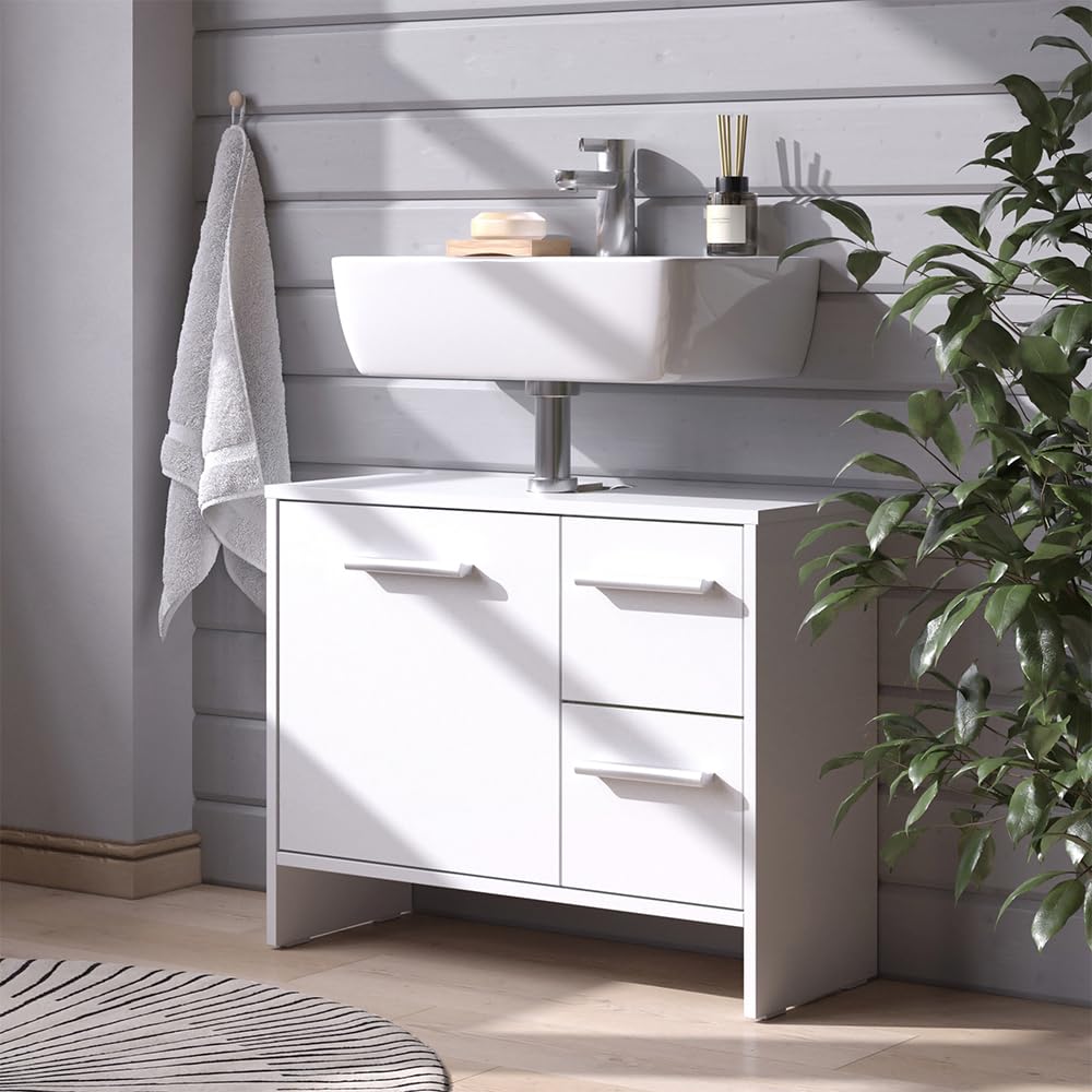Vicco Mobile sottolavabo per bagno Karli, Bianco, 70.2 x 57 cm con 2 cassetti e 1 anta, adatto per il montaggio sotto lavabi standard