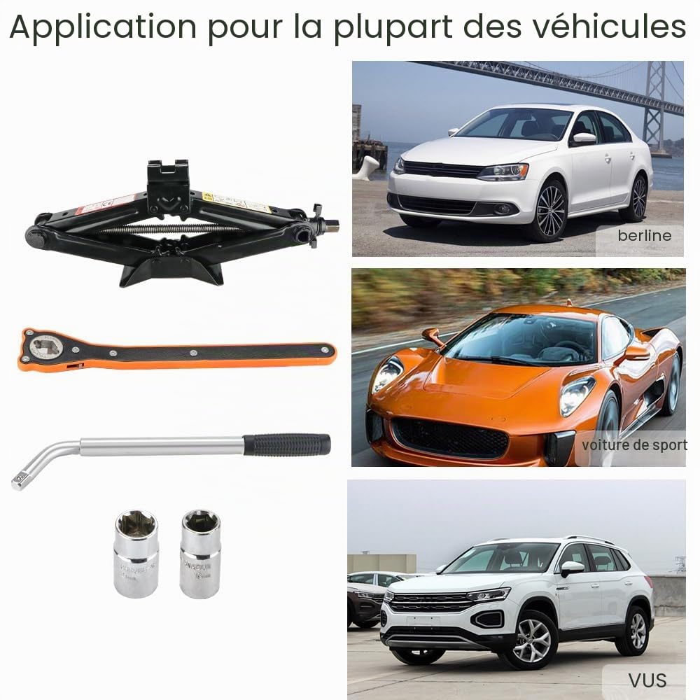 Kit de cric de voiture 2 tonnes, poignée de vitesse, cliquet économe et clé à roue 2 douilles, outil de levage portable