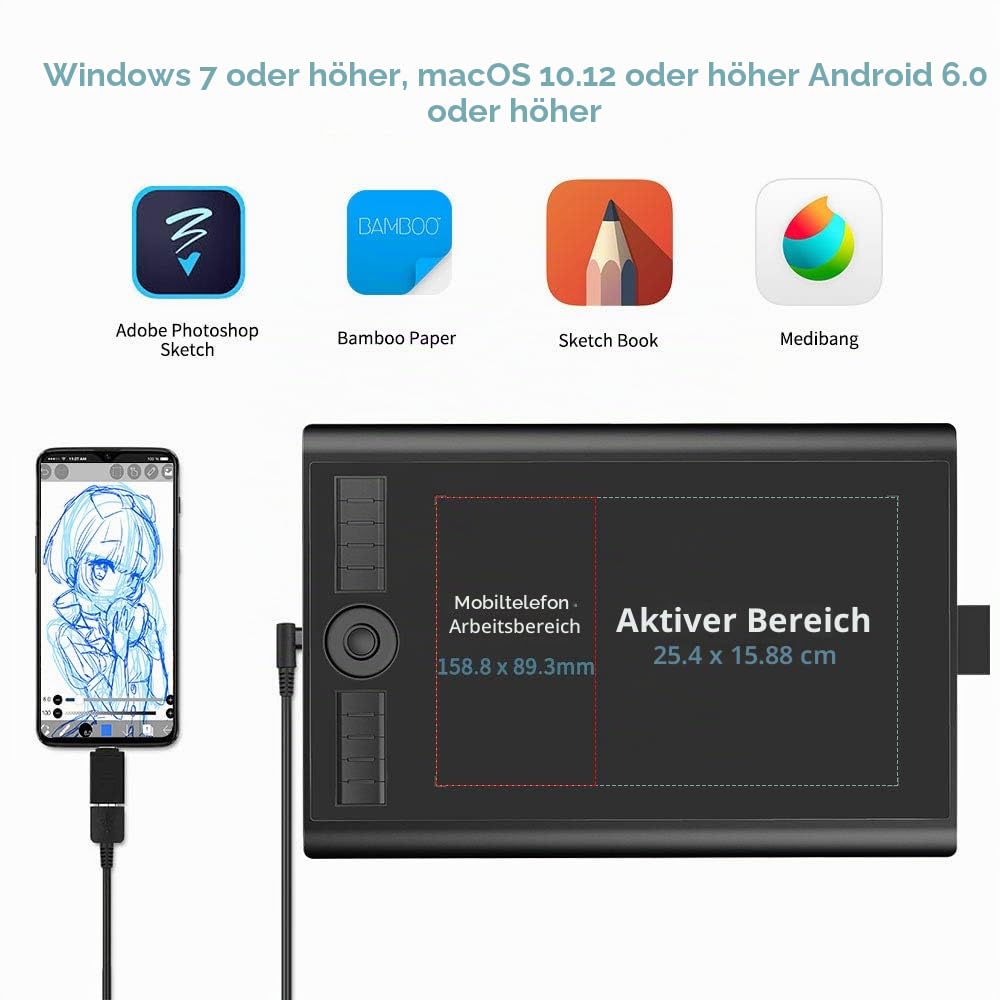 GAOMON M10K PRO 10” X 6,25" Zeichentablett mit Touch Ring, arbeitet mit AP32 Battrielosem Stift, kompatibel mit Windows/Mac/Android Handy