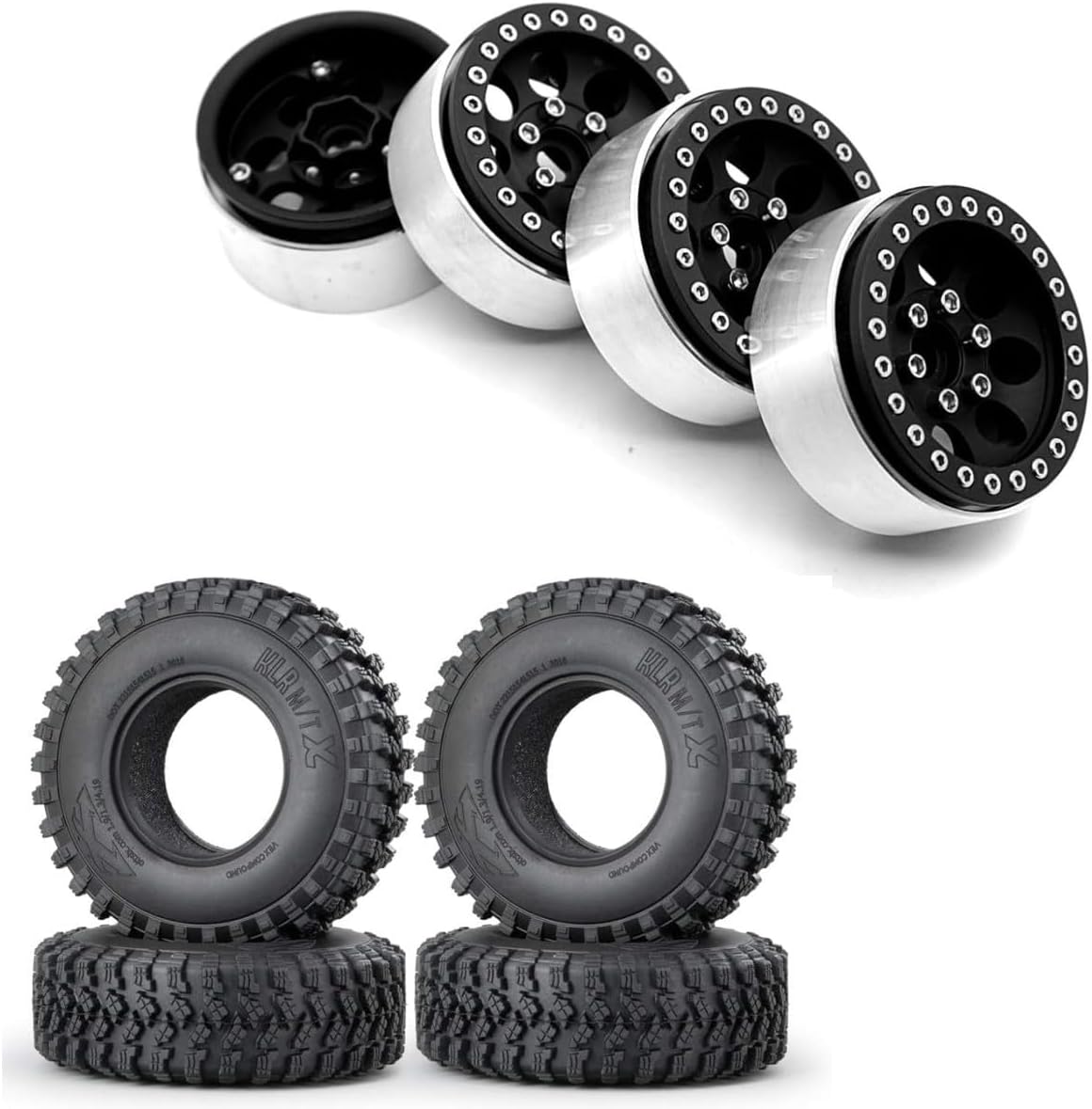 RCLIONS 4PCS Aluminum 1.9" Beadlock Wheels Rims with RC Wheel Tires for 1/10 RC Crawler Car