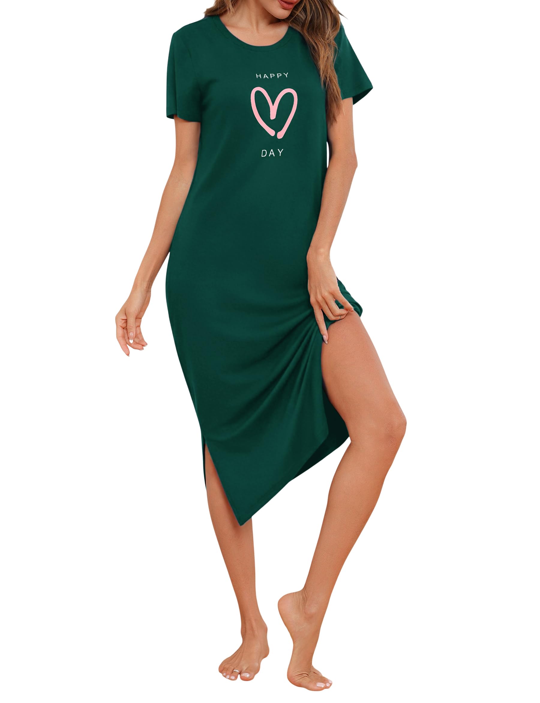 Jahetuul Damen Nachthemd Kurzarm Schlafshirt lang mit Herzmuster Schlafkleid Frau bequemes Nachtkleid Maxikleid Nachtwäsche Sleepshirt Nightdresses