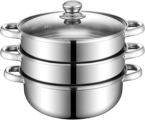 Olla de vapor para cocinar olla de vapor de 11 pulgadas, olla de vapor de 3 niveles multiusos de acero inoxidable 188 con tapa para verduras,