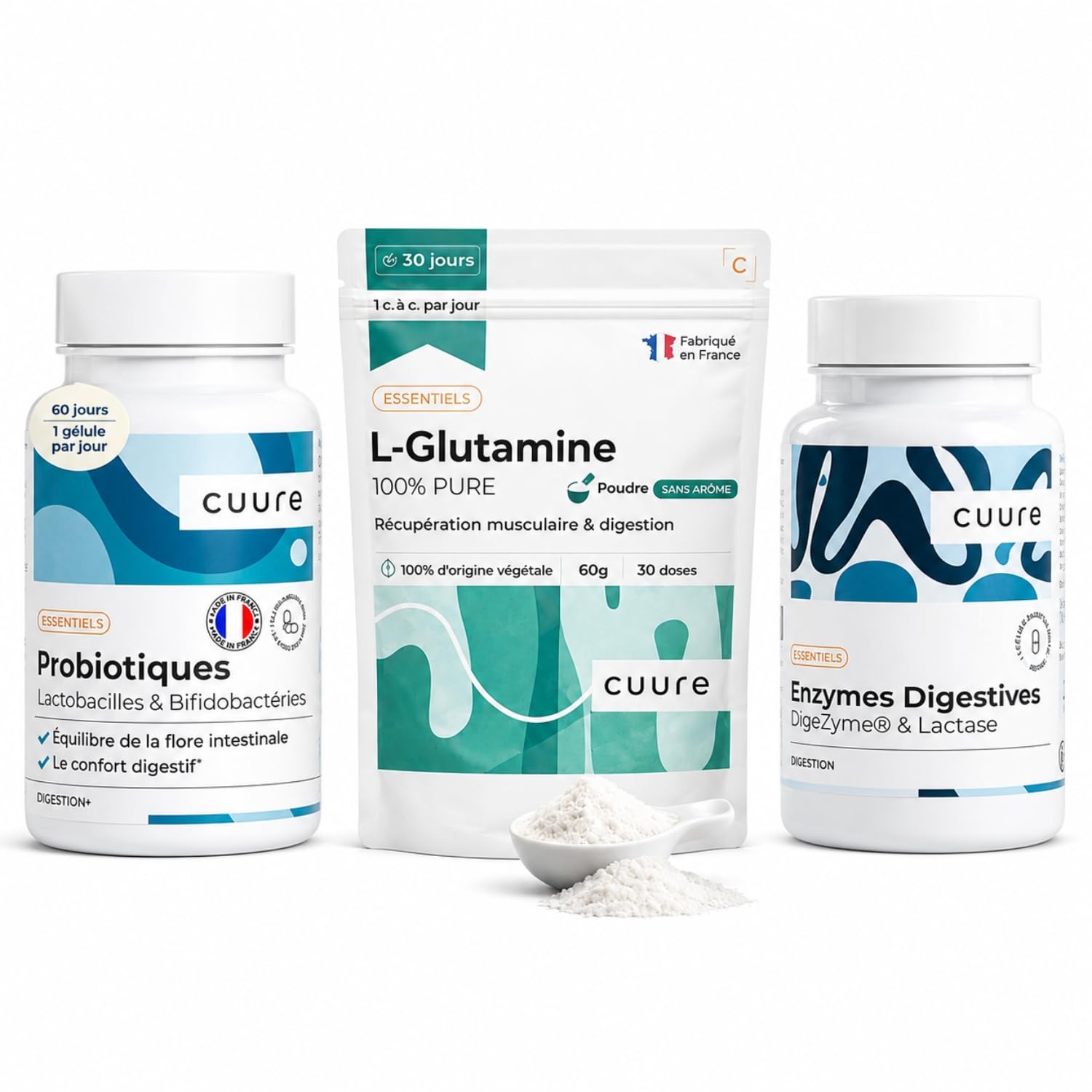 CUURE - Pack Probiotiques + Enzymes Digezyme® + L-Glutamine - 3 Produits | Souches à 10 milliards d'UFC gastro-résistantes DRcaps® et 150 mg d'actif - Vegan - Fabriqué en France - Cures 30 à 60 jours