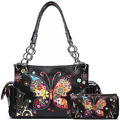 Butterfly Flower Western Style Concealed Carry Spring Purse Country Handbag Women Shoulder Bag Wallet Set