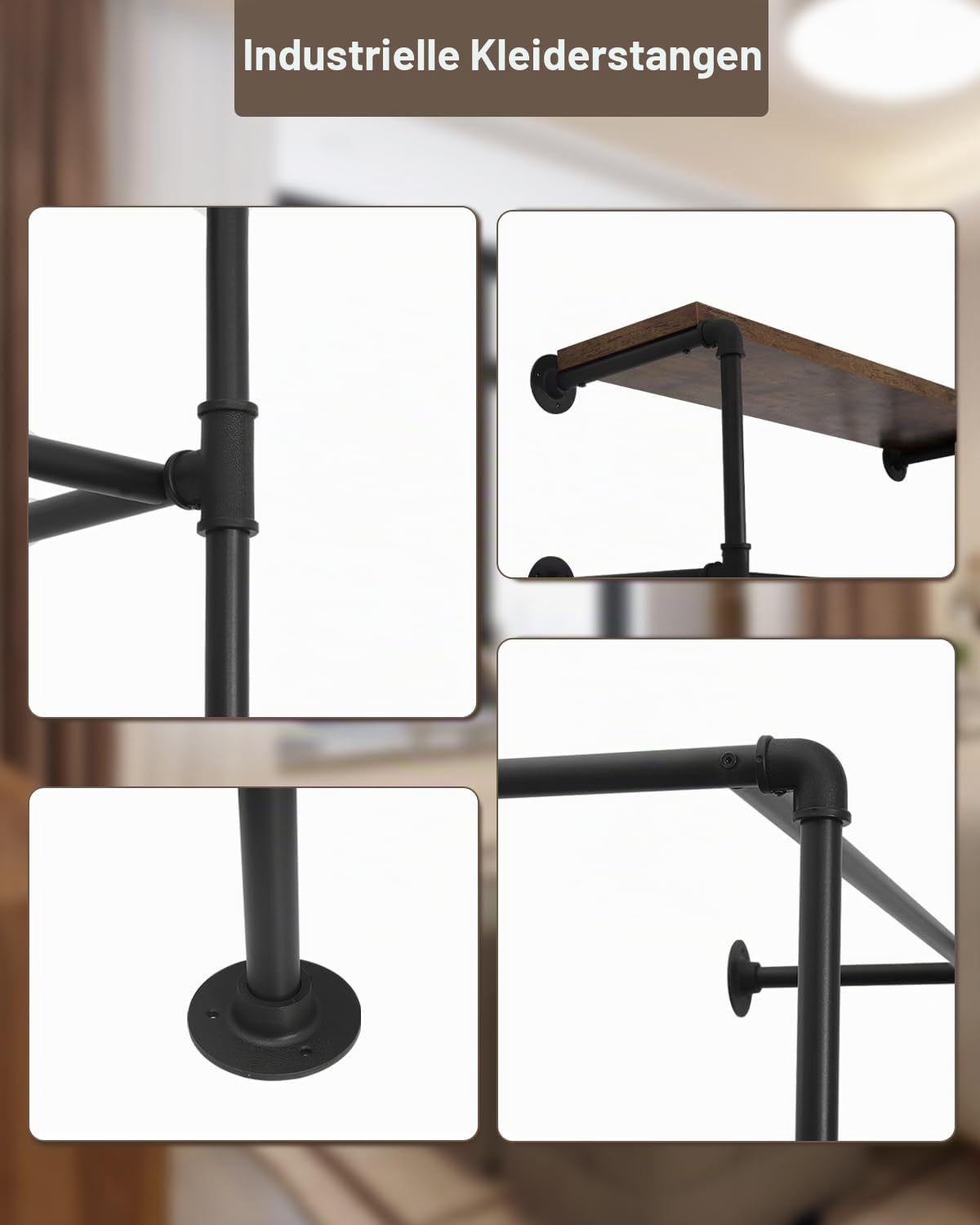 WOLTU industrielle Kleiderstange Wand, Kleiderständer mit Regal