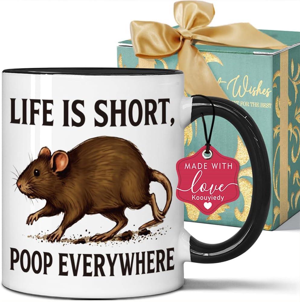 Life Is Short, Poop Everywhere Funny Rat Mug, Funny Coffee Mug Gifts for Friends Bestie Mom Sister Aunt Dad, Animal Theme Gifts for Christmas Birthday