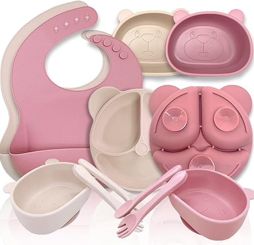 GRINXYZ Juego de 10 juguetes de silicona para bebés, suministros de autoalimentación para niños pequeños con plato dividido con succión, cuenco