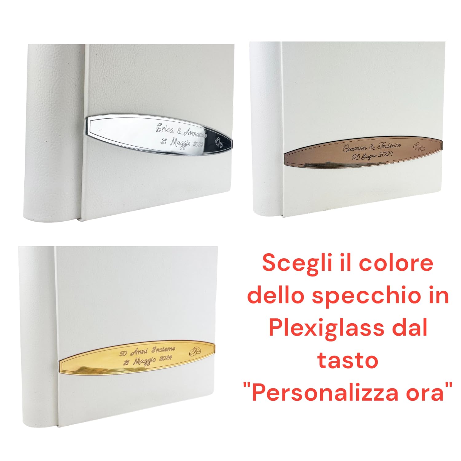 Album Fotografico Artigianale -Cristel Specchio- in similpelle pregiata, con inserto in Plexiglass Personalizzabile,classico con velina,Matrimonio,Compleanno,Regalo,Wedding,Anniversario (Bianco)