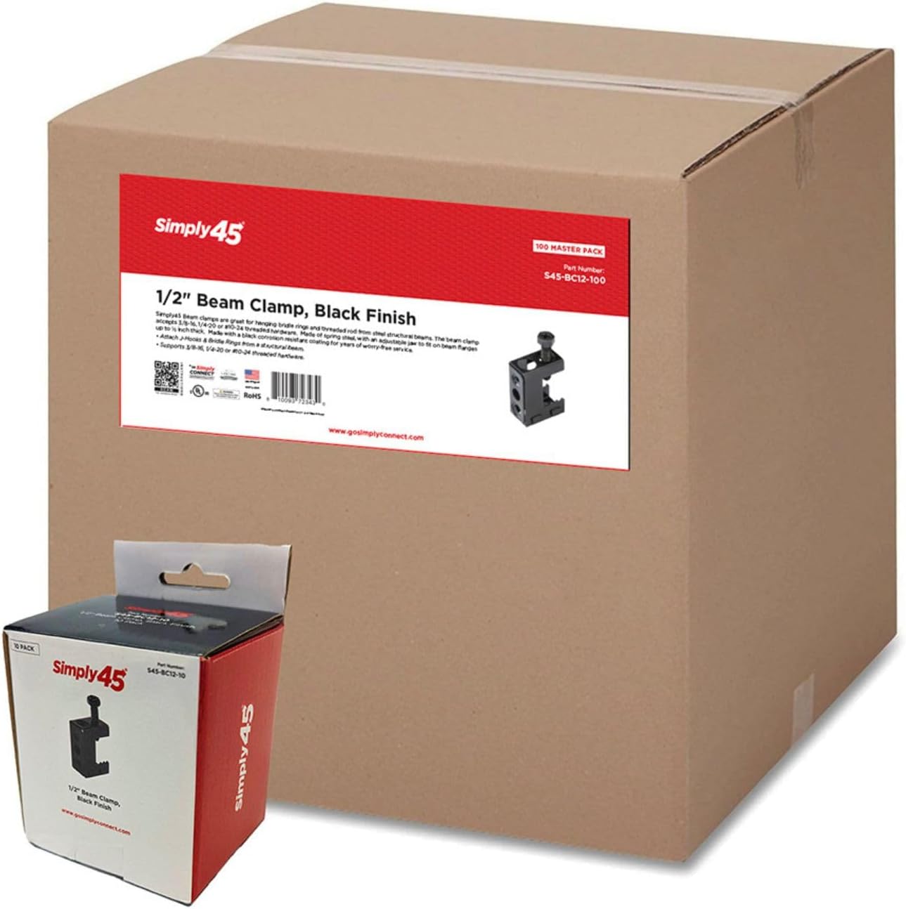 Simply45 Beam Clamp for Flanges 1/8" to 1/2" - Shark Tooth Design, Spring Steel, Black Finish - 100-pc/Inner Box - S45-BC12-100