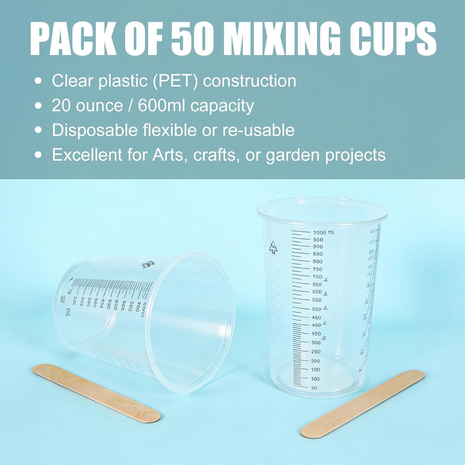 50-Pack Mixing Cups Set Paint Mixing Cups 32 oz (1000ml) with 50 Wooden Sticks,Easy Measuring Ratios 2:1, 3:1, 4:4,Ideal for Epoxy Resin, Paint, and More