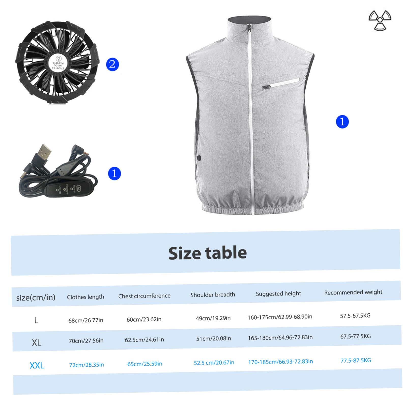 Gilet de Refroidissement, Veste de Ventilateur à Propulsion USB Taille XXL, Gilet Refroidissement avec 2 Ventilateurs, Protection UV Shirtmed Shirt Clissée pour Temps Chaud, Faible Bruit