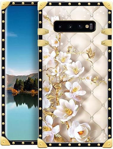 Funda para Samsung Galaxy S10 Plus, funda para Samsung S10 Plus con flores blancas para niñas y mujeres, decoración dorada de lujo, cuadrada, suave,