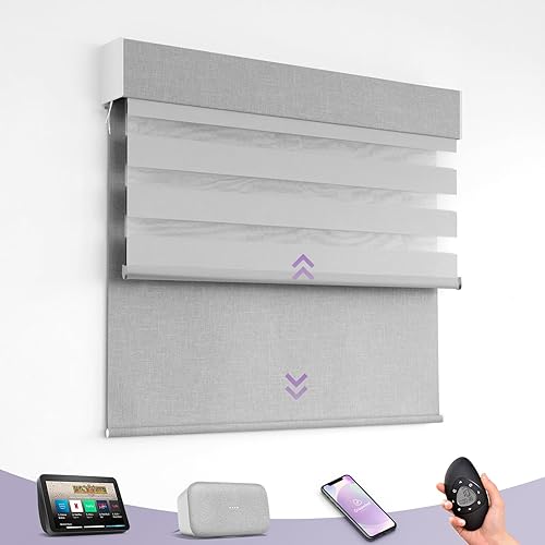 Miniatura 8 de Graywind Persianas dobles motorizadas y opacas inteligentes y Shangrila en un solo juego de persianas automáticas con control remoto Alexa Google,