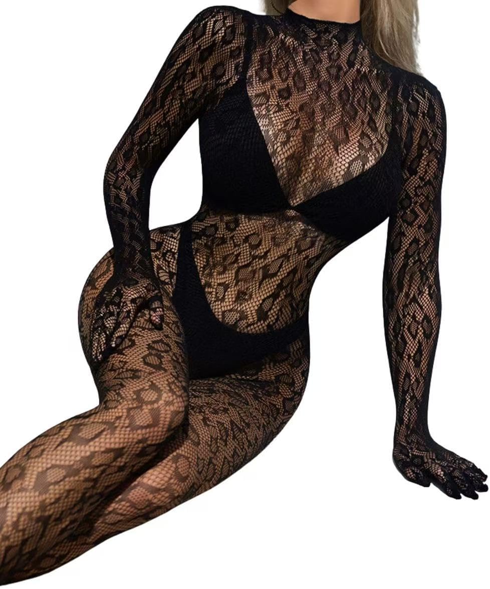 Women's Full Body Fishnet Costume - Long Sleeve Mesh Performance Bodysuit for Stage, Halloween & Theme Parties, Black - Image 3