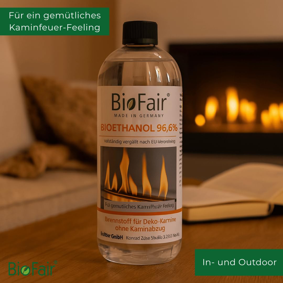 BioFair Bioethanol 96% für Ethanolkamin, Tisch- und Wandkamin, 24 x 1 Liter