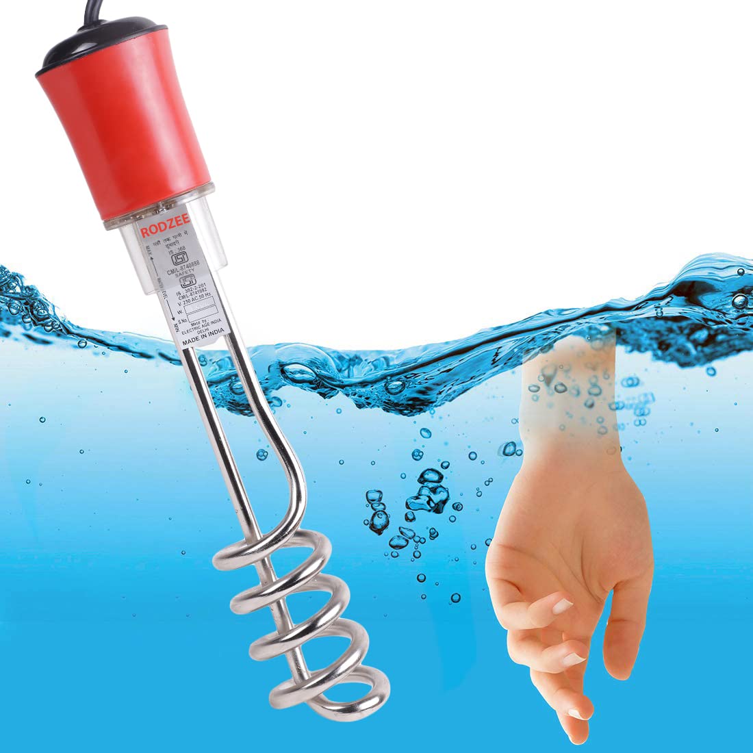 Immersion Rod Water Heater 1500 Watt Portable Waterproof Shock Proof Electric Immersion Rod with Stainless Steel Heating Element Hot Water Heater Steel Red