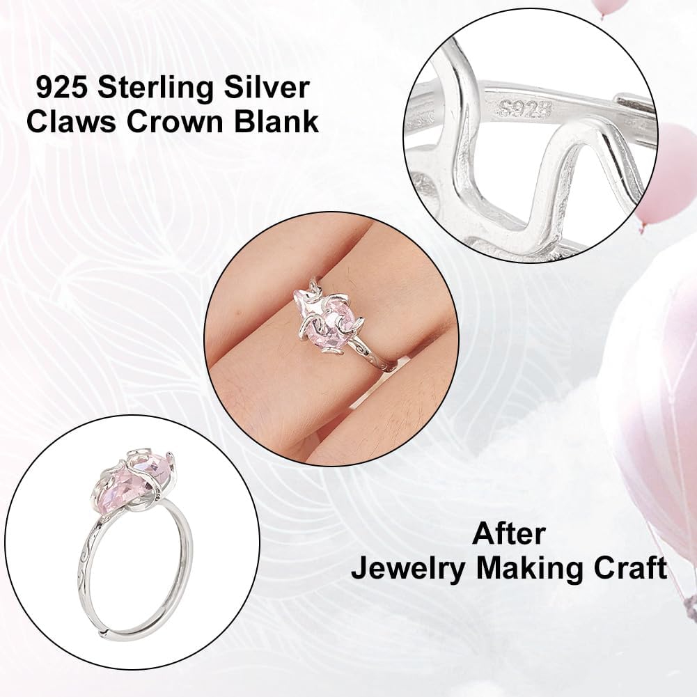 PH PandaHall Sterling Silver Ring Base, Adjustable Gem Holder Claw Ring Blank for Gemstone Glass Cabochons Rhinestones