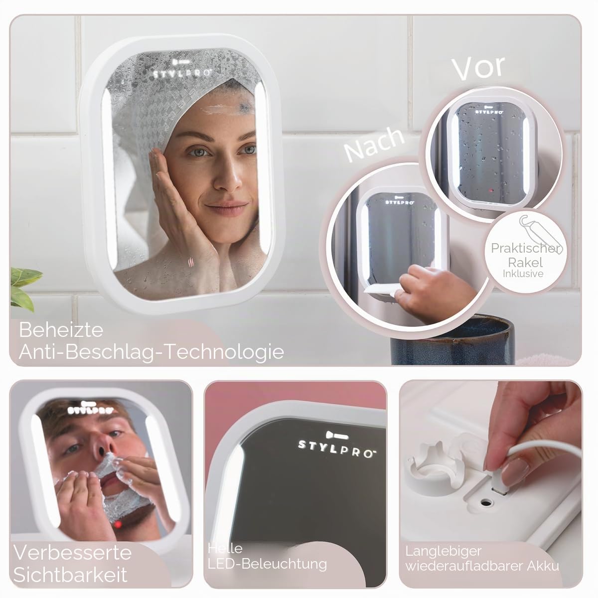 STYLPRO Anti-Beschlag-Spiegel: Beheizt, mit LED-Beleuchtung und Abstreifer. Macht Rasieren und Waschen in der Dusche einfach. Wasserfest, wiederaufladbar, Elegantes Design