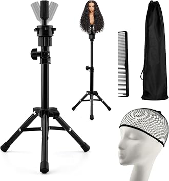 Wig Head Stand, Adjustable Mannequin Head Stand for Styling, Wig Stand Tripod for Cosmetology Hairdressing Training, with Wigs Caps, Comb, Storage BagCOLORblack