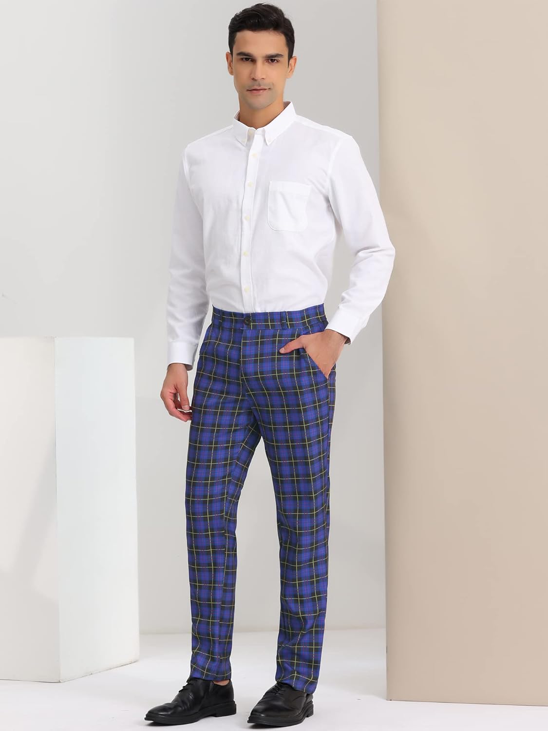 Lars Amadeus Men's Plaid Dress Pants Flat Front Regular Fit Business Checked Trousers - Image 6