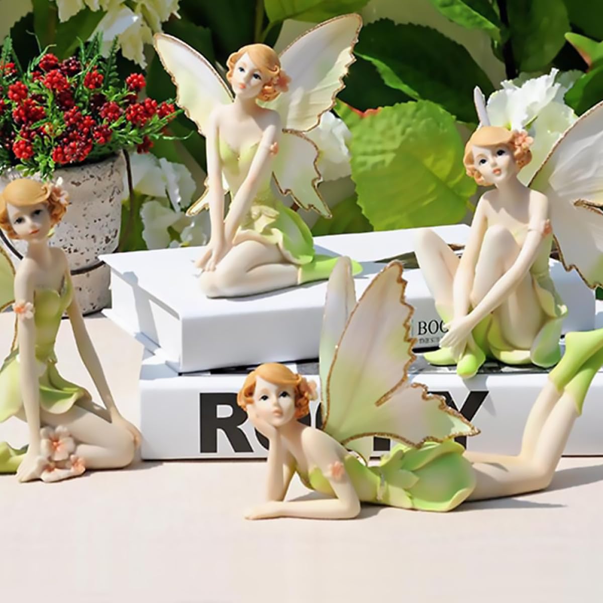 Figura Decoración Elegante Pintada a Mano de Ángel de Resina Obsequio Adecuado para Cumpleaños Diseño de Hada Floral Verde para Sala de Estar o Club