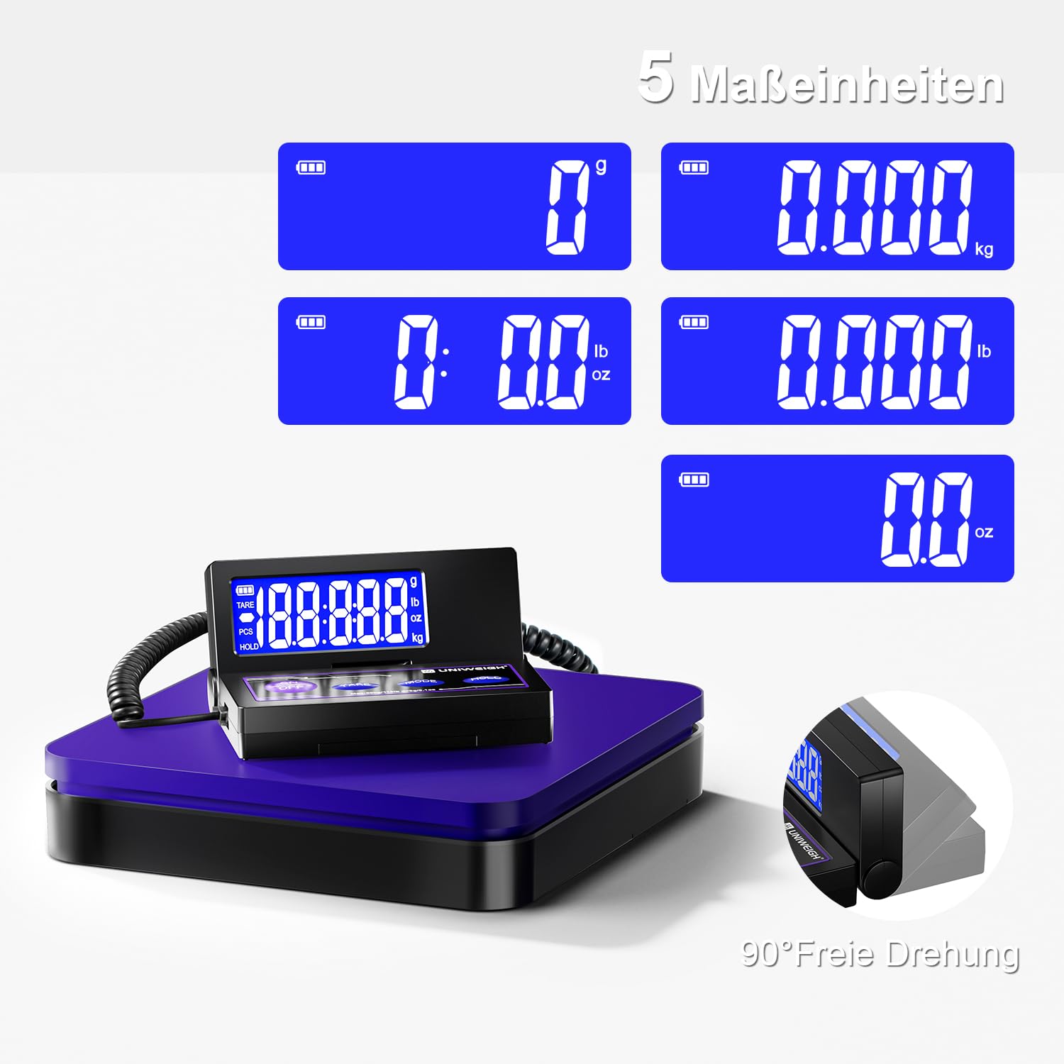 UNIWEIGH Digitale paketwaage bis 50kg/0.1oz Präzise,Postwaage mit 5 Einheiten/LCD/Tara/Hold Funktion,Auto-Off,Versandwaage für Pakete Small Business/Mail Scale,Inklusive Batterie & USB Power