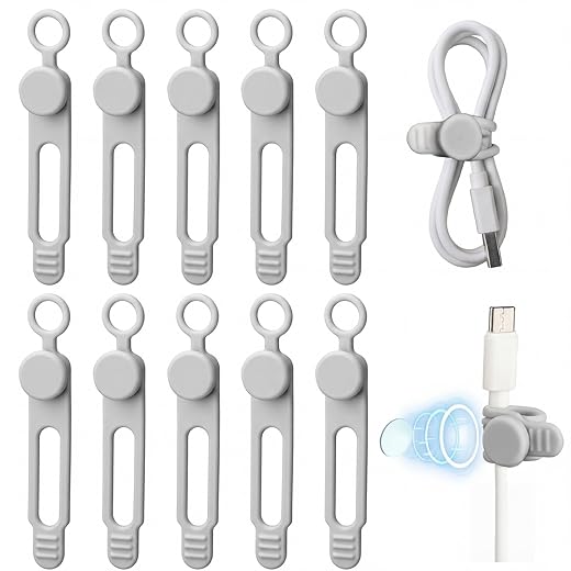 Geelin 10 Pack Magnetic Silicone Cable Ties bulk Reusable Cable Organizer Straps for Cord Management Magnetic Wire Ties for USB Cables Headphones Charger Cords Curtain Towel Straps(Gray)