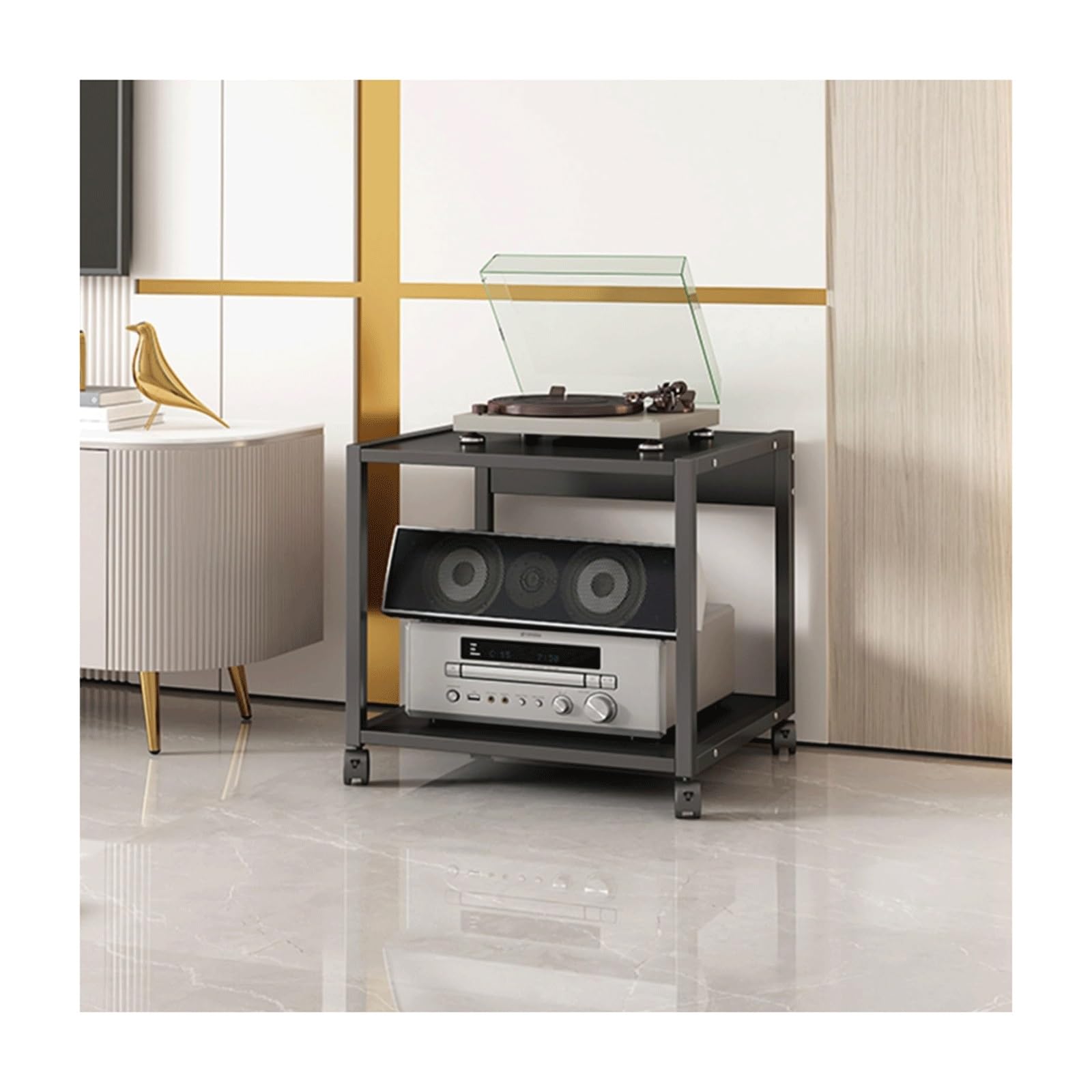 Nowoczesna podstawka HiFi z 2 poziomami z kółkami, drewniana konsola multimedialna, do wzmacniaczy, odtwarzaczy CD i urządzeń do gier, stylowe przechowywanie do salonu (H50 cm)