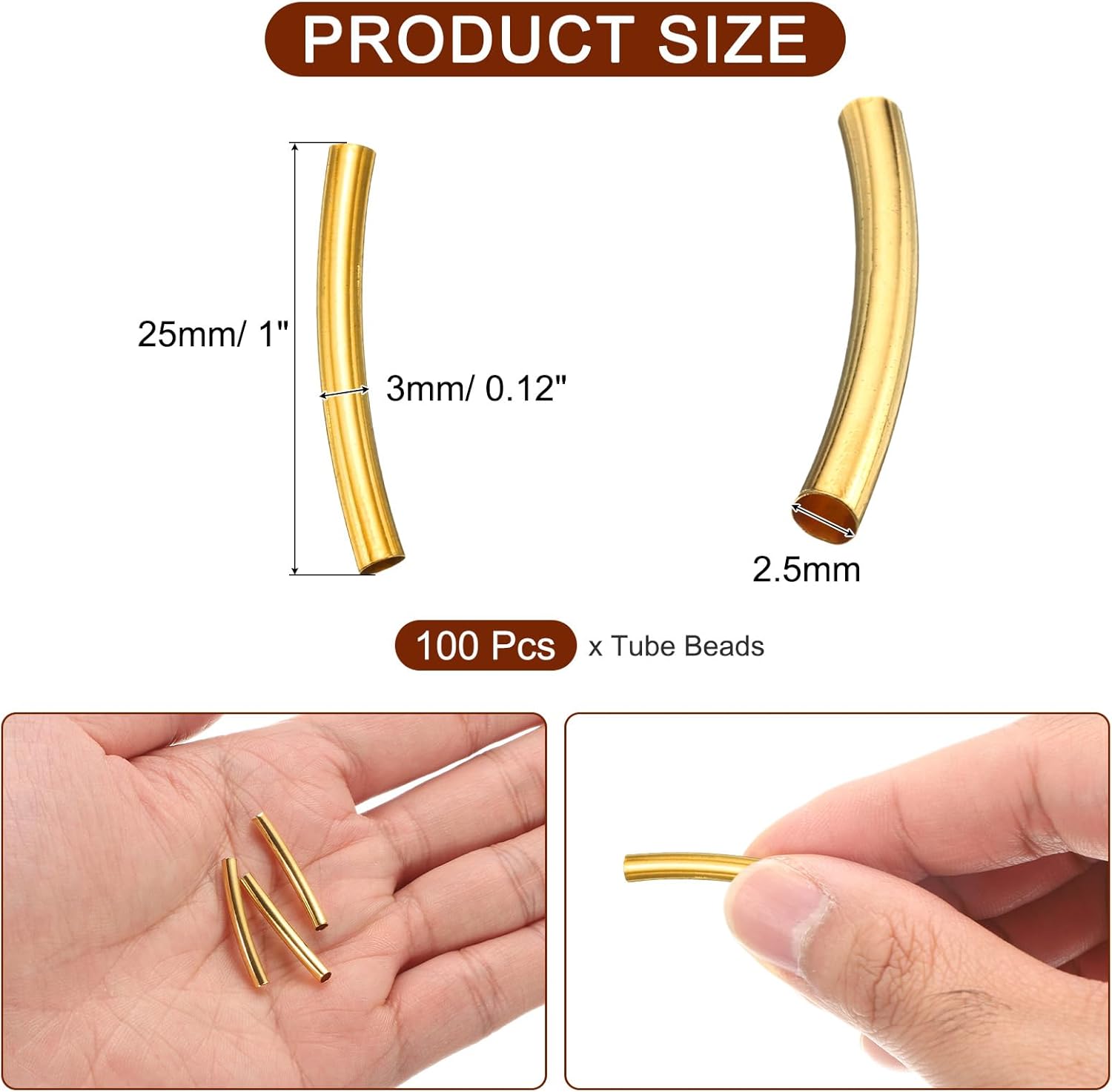uxcell 100 Pcs Tube Beads, 3x25mm Curved Noodle Beads Loose Beads Tube Spacer Beads for Earrings Necklaces Bracelets Pendant DIY Crafts, Gold - Image 2