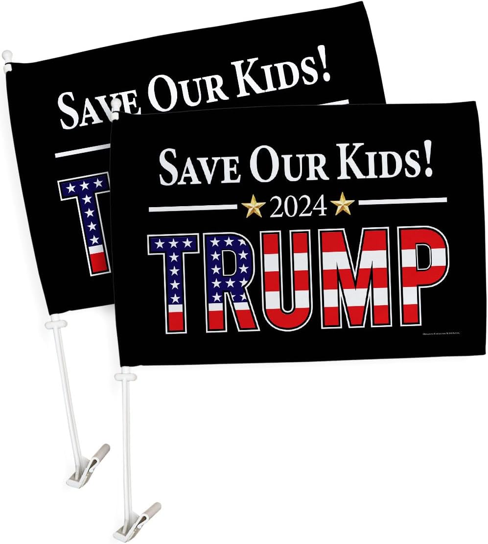 Black Save Kids Trump 2024 Flag For Car 2 PCS Accessories Bandera Para Carros Window Clip Pole Mount Kit Rally Shooting Poster Auto Decor MAGA Sign Outdoor Decorations Republican Gift Made In USA