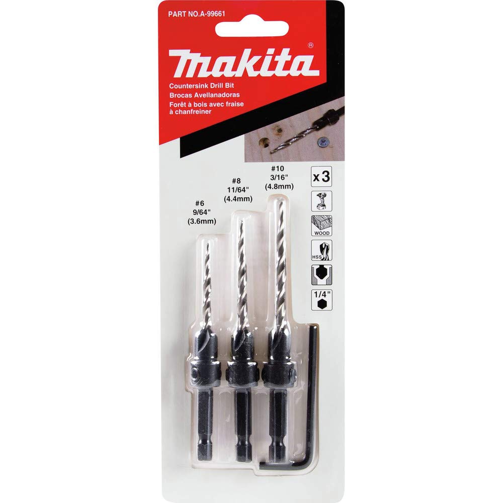 Makita A-99661 3 szt. Pogłębiacz stożkowy z zestawem wierteł z kluczem sześciokątnym