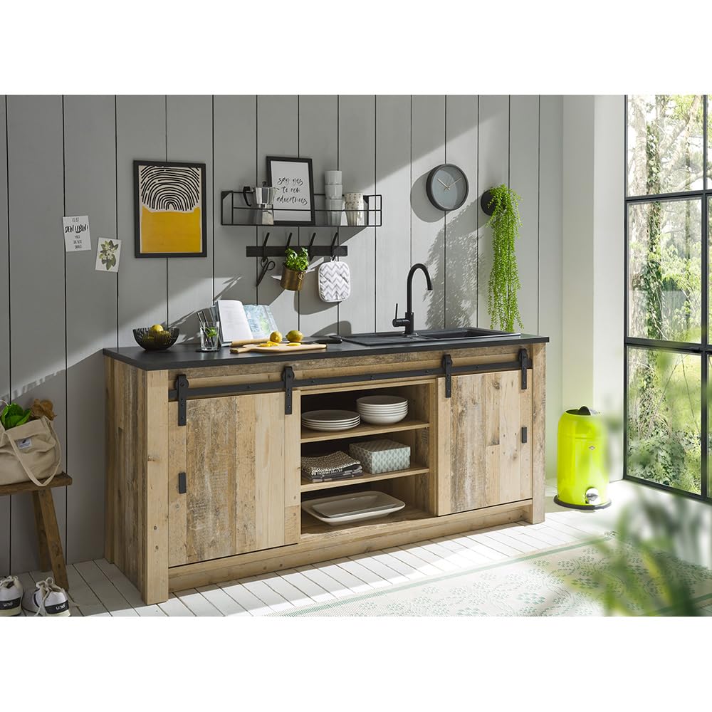 Lomadox Küchenmöbel Küchen Set, Old Style hell Nb. mit anthrazit, Spülschrank mit offenen Fächern, Stauraumschrank, 160cm Wandregal, Hängevitrine mit Softclose