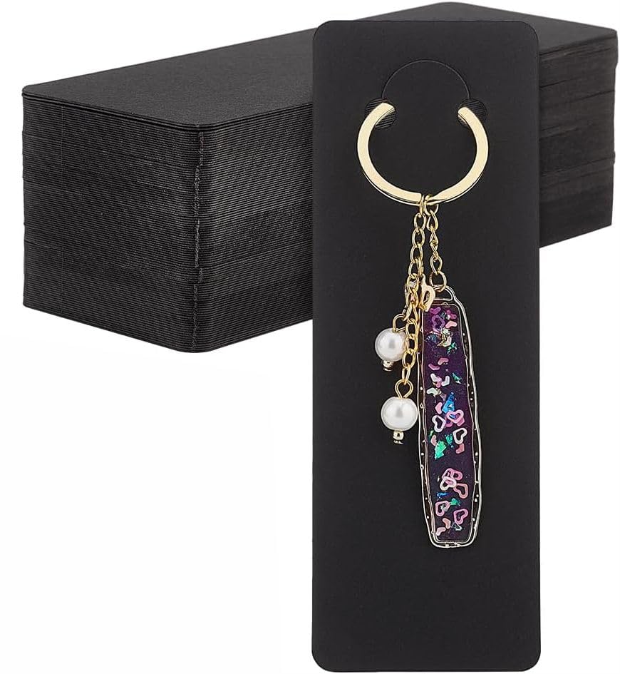 Zenomia Keyring Jewelry Display Card, Decorative Keychain Black tag 50 Pcs, 5.9 x 2 Inch