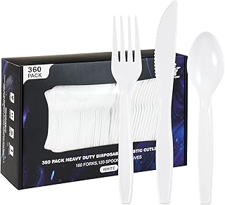 360 Pack Plastic Cutlery Set , White Disposable Plastic Utensils Heavy Duty