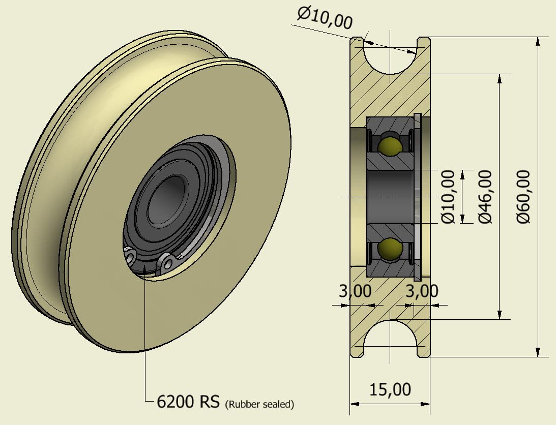 Lot de 4 roues de poulie en nylon avec rainure ronde de 10 mm, diamètre 60 mm, roulement 10 mm, capacité 50 kg, usinées avec précision dans l'UE (60-10-10)