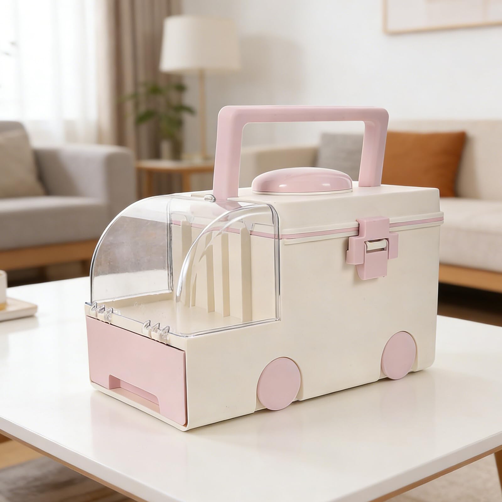 Caja Organizadora de Medicamentos Portátil con Asa, Gran Capacidad 30x20x18 Cm, Plástico Resistente Color Rosa Cereza, Botiquín Doméstico para Primeros Auxilios y Kit Sanitario