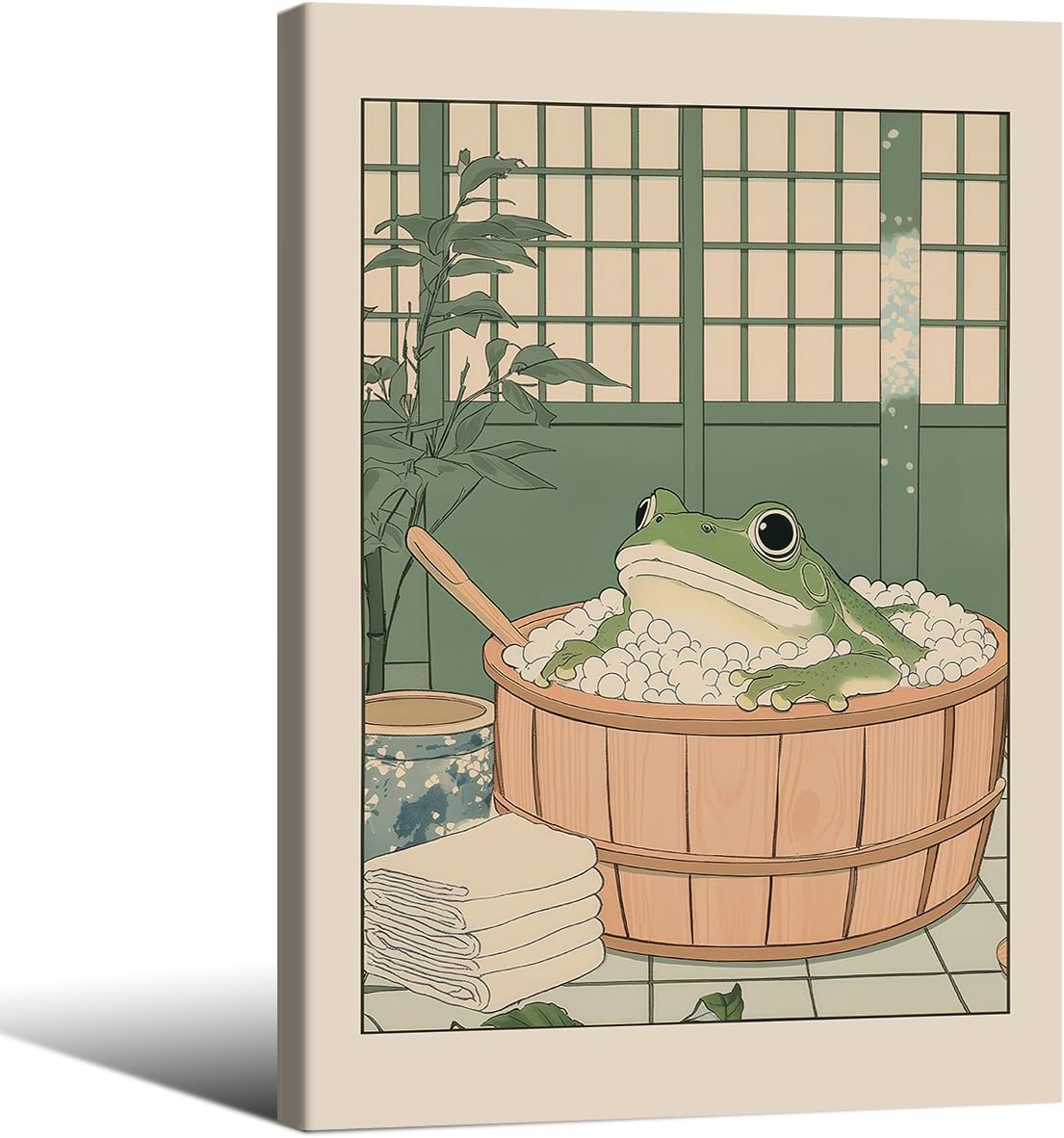 Japanese Frog in a Bathtub Wall Art Sage Green Relaxing Bathroom Posters 16X24 inch Framed Fun Cute Animal Canvas Prints for Toilet Lavatory Wall Decor