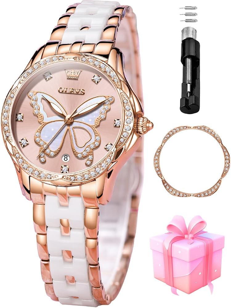 OLEVS Watches for Women Rose Gold Two Tone Fashion White Ceramic Ladies Wrist Watches Pink/Red Dial Stainless Steel Waterproof Date