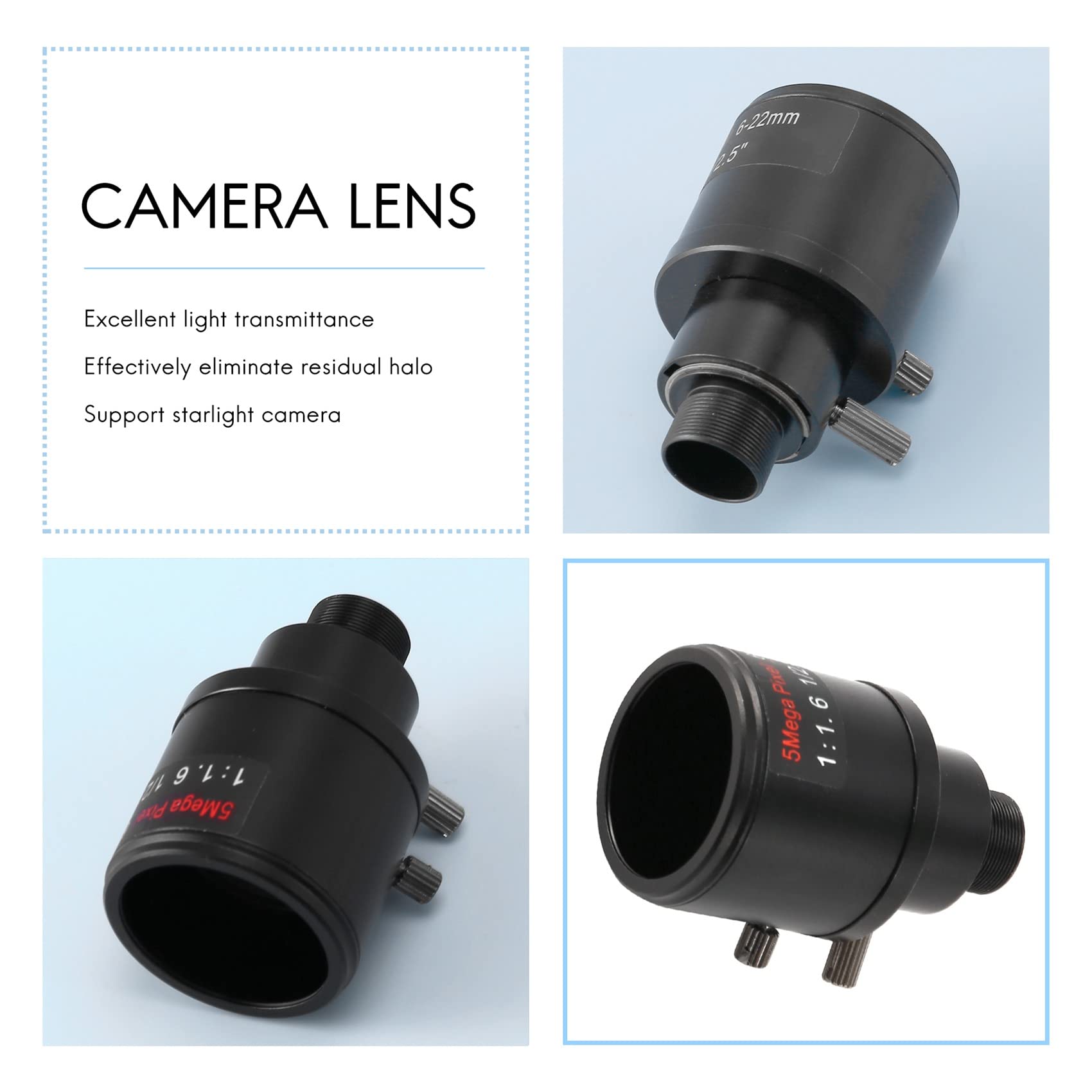 Objectif CCTV 1/2,5 6-22 mm 5 MP Objectif variable F1.6 pour capteur 4 MP/5 MP CMOS/CCD IP/AHD
