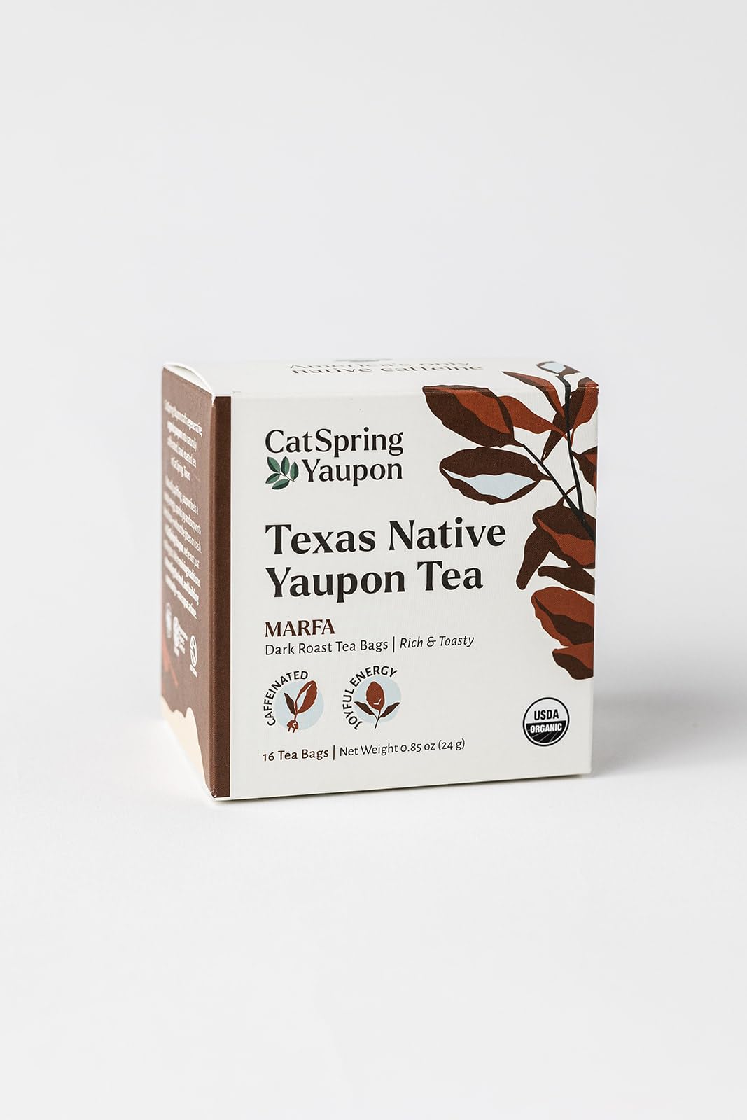 CatSpring Yaupon Marfa Dark Roast Black Yaupon Tea, Naturally Caffeinated and Sustainable, Individually Packed Herbal Teabags, 16 Bags per Tea Box